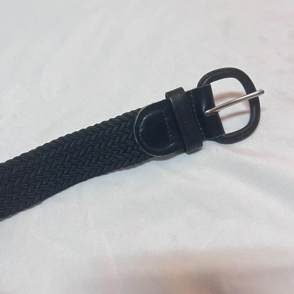Black Braided Woven Elastic Stretch Belt Silver Buckle Unisex‎ 44 Inch